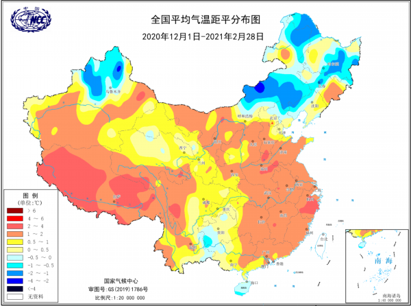 2020/2021年冬季全國平均氣溫距平分佈圖